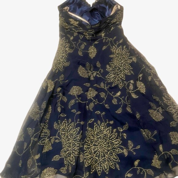 BCBGMAXAZRIA Silk Chiffon Halter Dress – Midnight Blue & Gold (Sample, NWT) - Picture 4 of 7